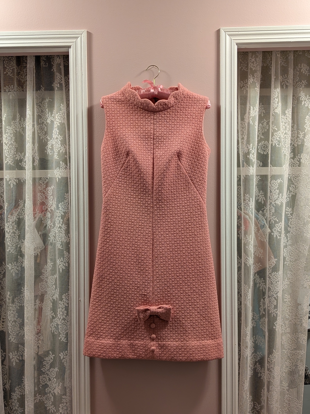 1960s Pink Textured Shift Dress with Bow Detail